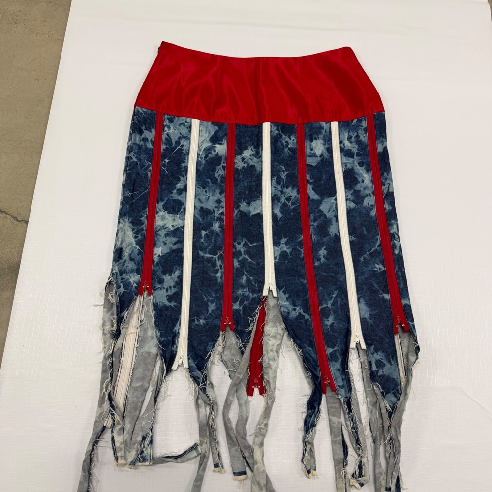 Acid Wash Denim Zipper Fringe Handkerchief Hem Skirt RedBlue White Size in Photo